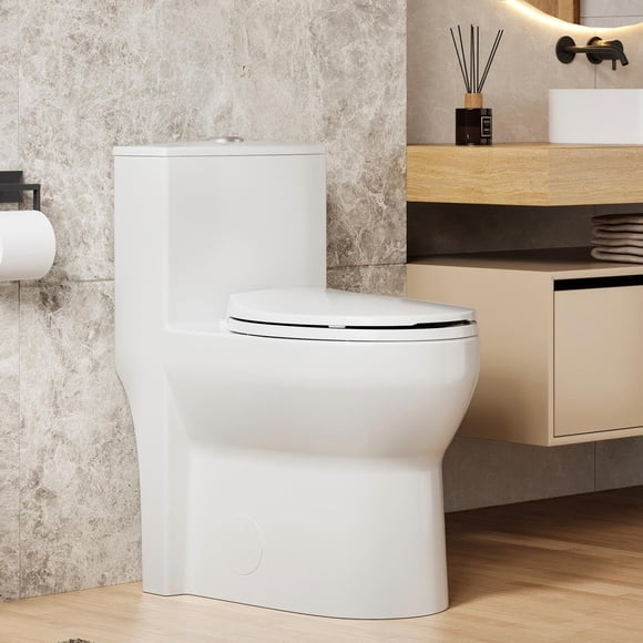 Ourlova One Piece Toilet with ADA Height-Round Bowl Design-CeramicConstruction-PP Cover Seat Compact Design-Easy Clean Surface and Durable Build
