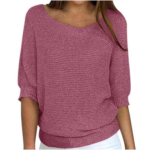 UAMVSH Plus Size Sweaters for Women Casual Half Sleeve Crew Neck Pullover Soft Fall Loose Tops Solid Color Basic Knitted Sweaters(Medium,Pink)