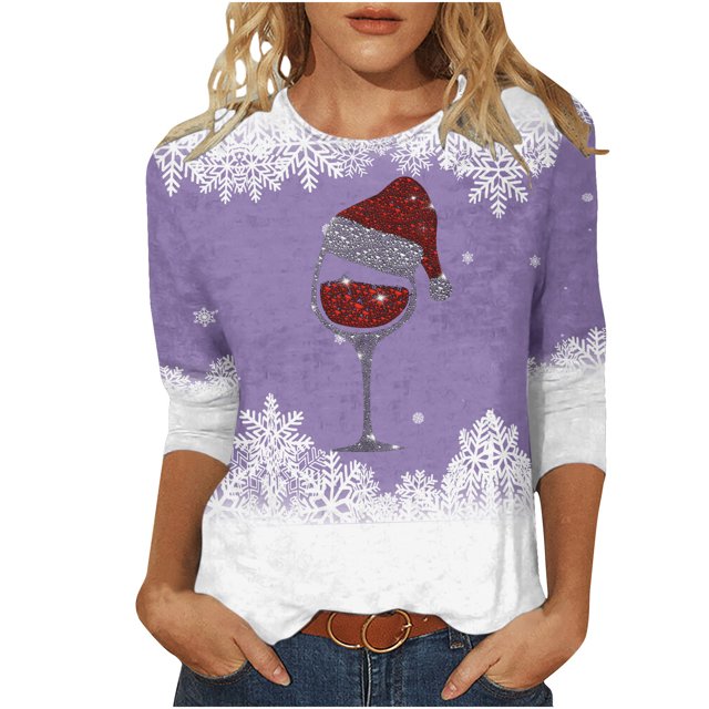 Pisexur Chandails de Noël pour Femmes Chandails à Manches 3/4 pour Femmes Chandails à Col Rond Graphiques Amusants Chandails à Capuchon Décontractés pour les Fêtes de Noël Confort Amples Mode d'Automne Chandails à Enfiler