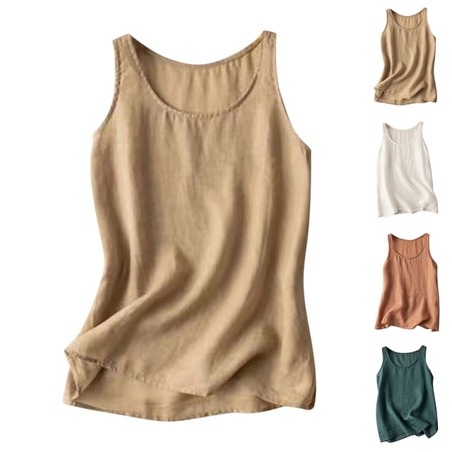 Yuyuzo Débardeurs pour Femmes en Coton et Lin Col Ras du Cou Camisoles Chemises Sans Manches Blouses Été Débardeur Basique