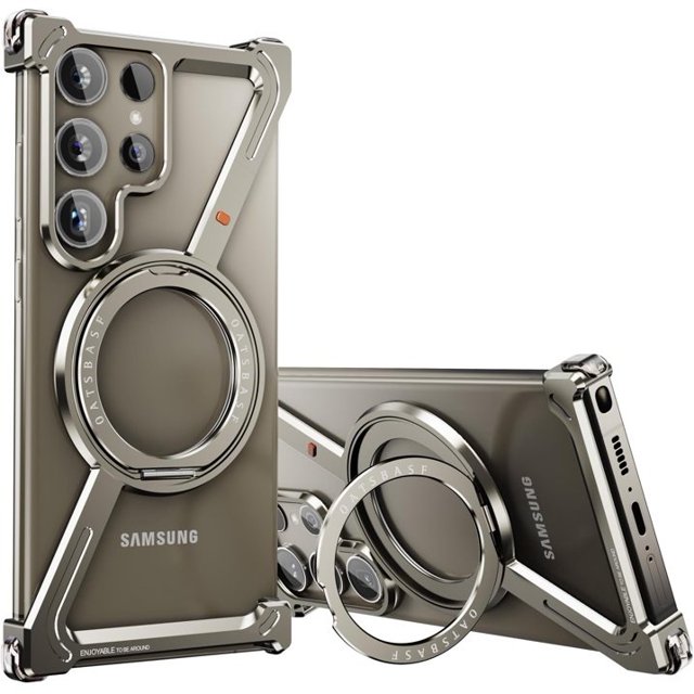 DSR Minimalist Phone Case Compatible with Samsung Galaxy S24 Ultra, 360° Rotation Kickstand Aluminum Metal Frameless Design Bumper Case, Protective Shock Grade Shell,Natural Titanium