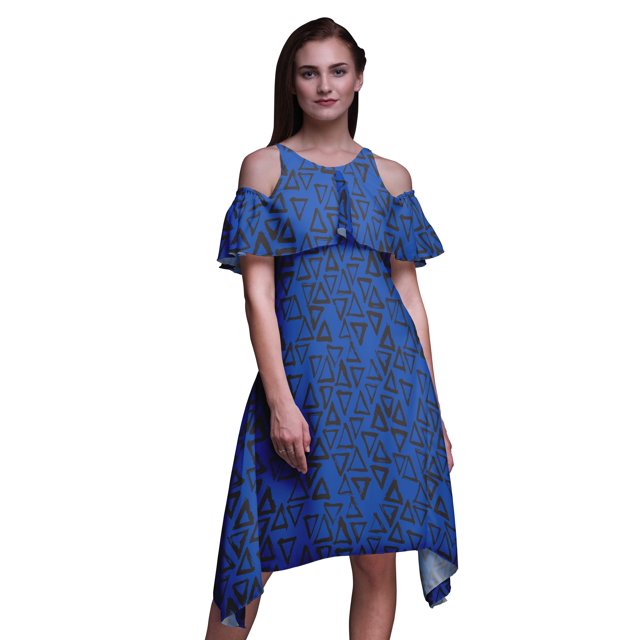 Bimba Robe Midi à Manches Flottantes Imprimé Géométrique Bleu Épaules Dénudées Femme - TTG