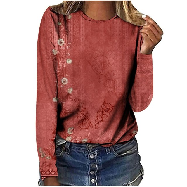 T-shirts à Manches Longues pour Femmes, Col Ras du Cou, Tuniques à Imprimé Floral, Hauts Doux Décontractés, Blouse Coupe Ample