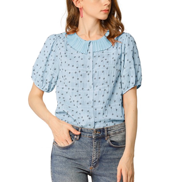 INSPIRE CHIC Women's Floral Puff Sleeves Pleated Collar Button Down Shirt