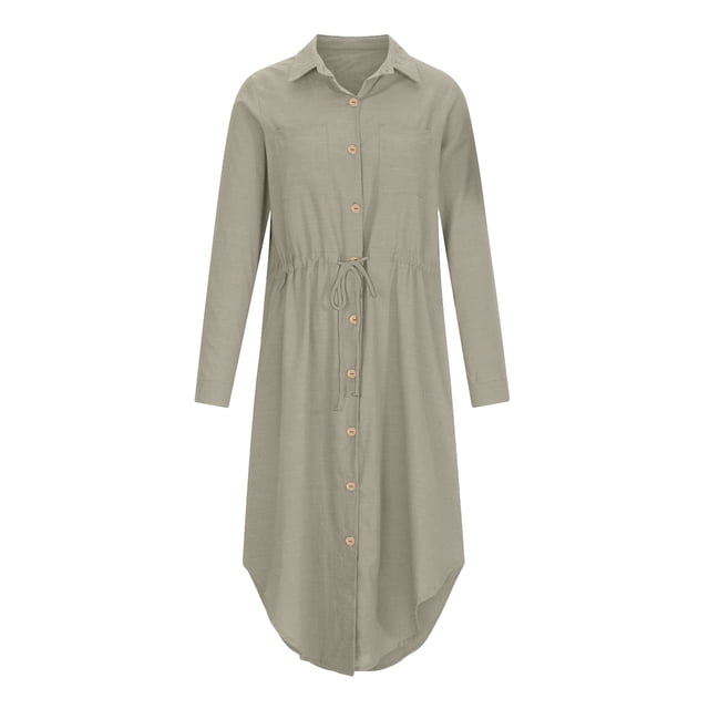 Pisexur Robes d'Été pour Femmes en Coton et Lin à Boutons, Robe Chemise à Manches Courtes, Cordon de Serrage, Col en V, Couleur Unie, Robe Formelle Décontractée, Contrôle du Ventre, Robe Soleil Fluide, Grande Taille P-5TG