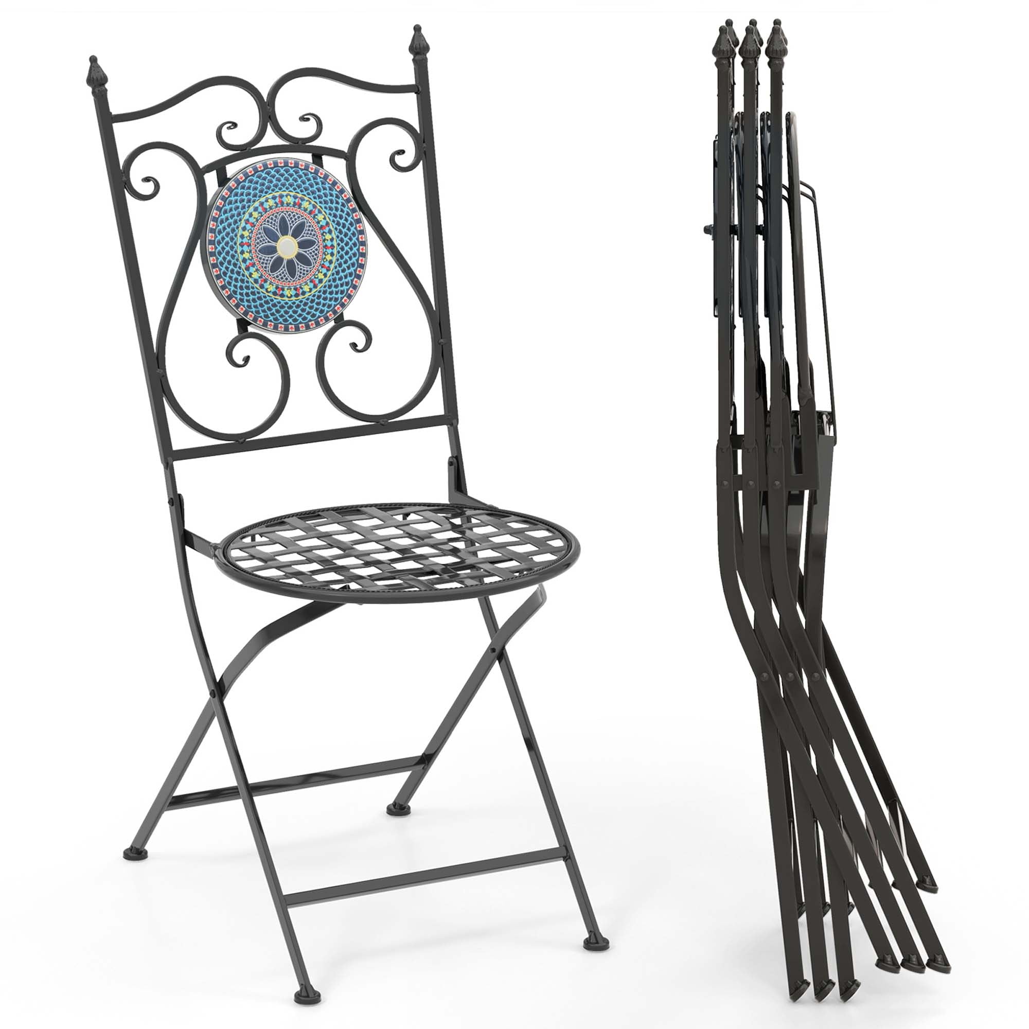 Costway Ensemble de 4 Chaises Mosaïque pour Patio avec Dossier Décoratif Cadre Robuste