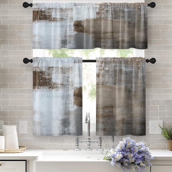 Brown Kitchen Curtains Grey White Window Curtains Valance and Tier Set 36 Inch, Contemporary Rod Pocket Short Tier Curtain, Abstract Art Small Cafe Curtains for Kitchen Decor