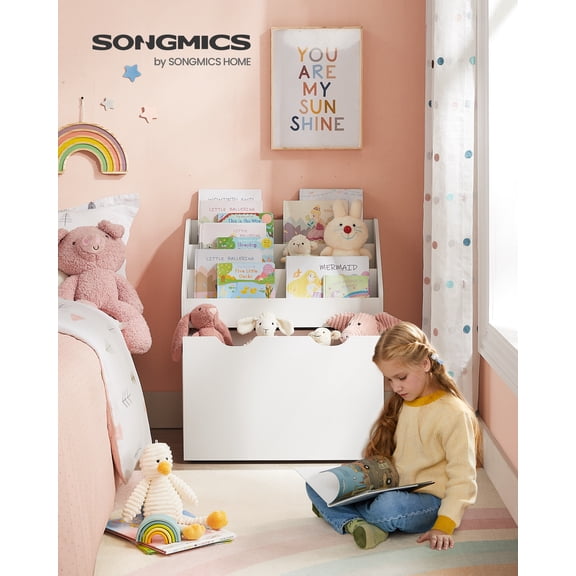 SONGMICS Kids Bookshelf and Toy Organizer, Toy Storage Chest and Bookcase with 3 Shelves, Storage Box with Wheels, Multipurpose, for Children's Room and Playroom, Cloud White