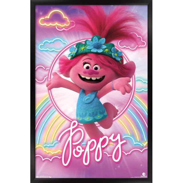 DreamWorks Trolls 2 - Poppy Wall Poster, 22.375" x 34" framed featuring Poppy, a pink troll with bright pink hair and a green flower crown, wearing a blue dress. The background has neon-style clouds and a pastel rainbow on a purple gradient. The name 'Poppy' appears in white cursive at the bottom. This lightweight framed poster has a satin finish and a sawtooth hanger for easy hanging, ideal for decorating bedrooms, kids' rooms, or party spaces.