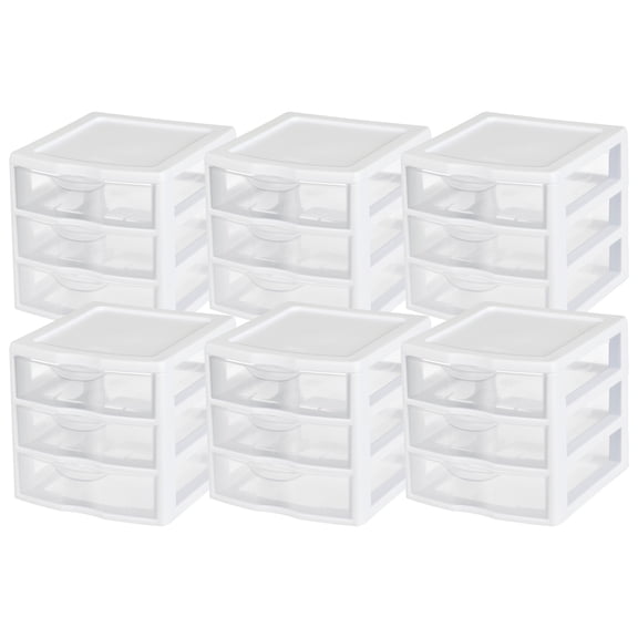 Sterilite ClearView Plastic Small 3 Drawer Organizer - Desktop Storage Unit, White, 6 Pack