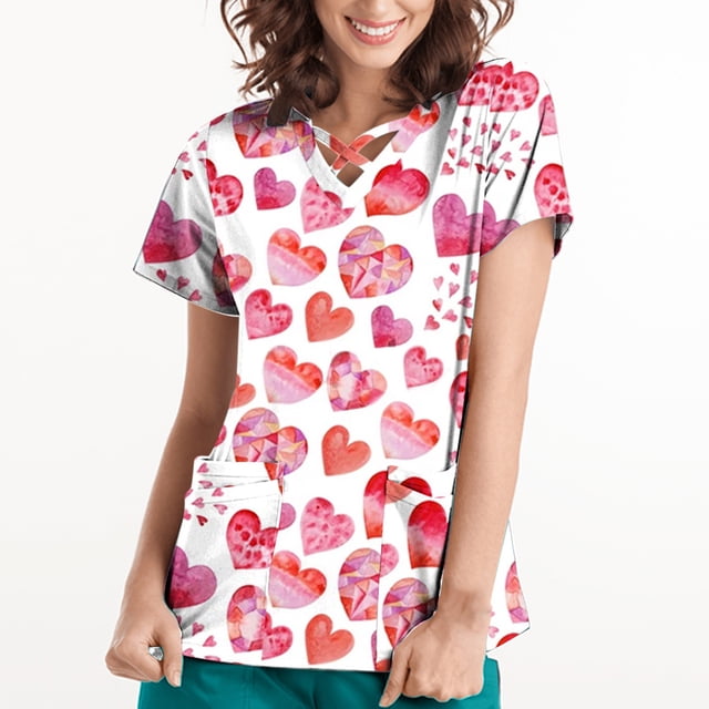 TIMIFIS Hauts de Sarrau pour Femmes Saint-Valentin Hauts à Manches Courtes pour Femmes Uniforme de Travail Blouse à Poche Imprimée de la Saint-Valentin avec Poches pring