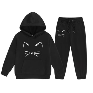YOUSNH Girls Outfit Sets Child Toddler Boys Girls Long Sleeve Cartoon Prints Warm Hoodie Pullover Tops Pants Kids Outfits Sweat Suit Clothes Set Black 12-13 Years