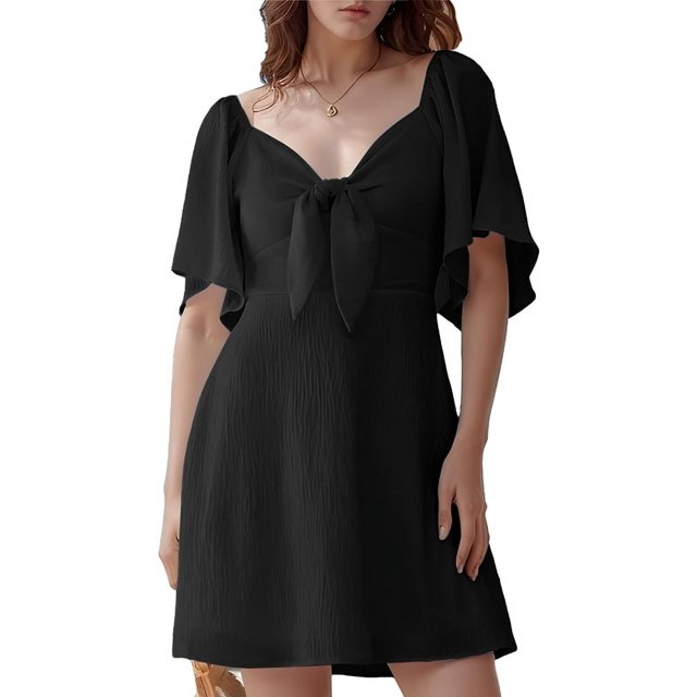 Robes pour Femmes Printemps Été Décolleté en V Profond Élégante Robe Courte à Nœud Noir TG