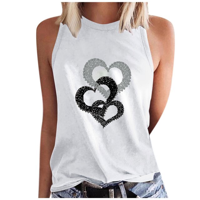 Timegard Camisoles pour Femmes Col Rond Imprimé Cœur Sans Manches Confortables Décontractées Amples Chemises Hauts Blouse