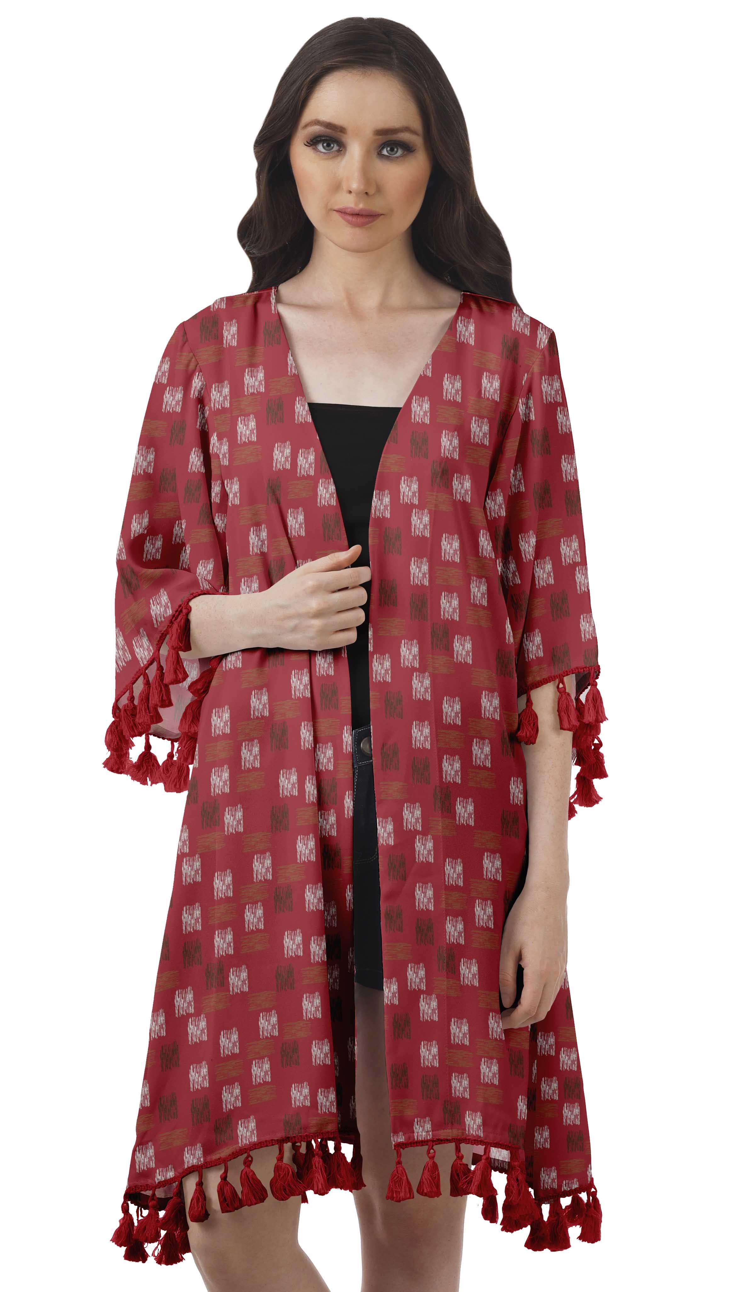 Moomaya Front Open Printed Shrug 3/4 Sleeve Georgette Beach Cover Up For Women