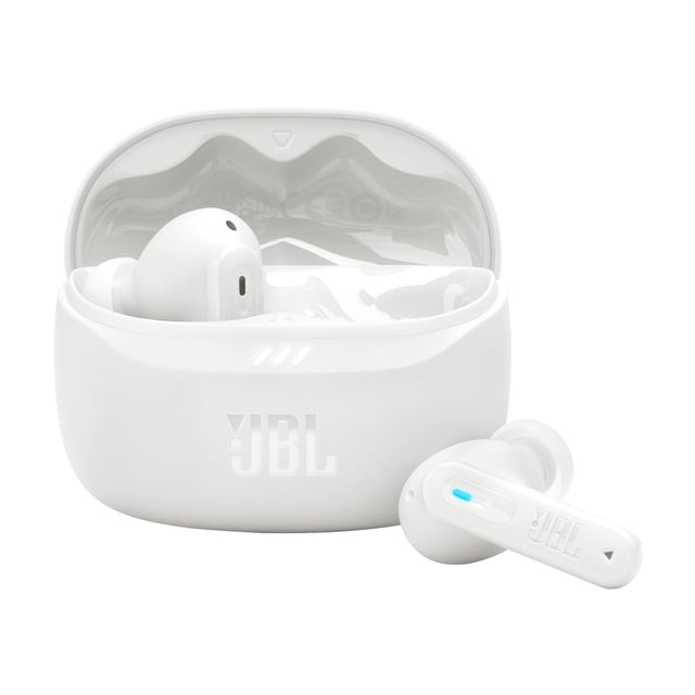 JBL TUNE BEAM 2 True Wireless Noise Cancelling Earbuds in white with one earbud inside the open charging case and the other outside, showing ergonomic design, LED indicator, and JBL logo, suitable for adaptive noise cancelling and wireless audio use.