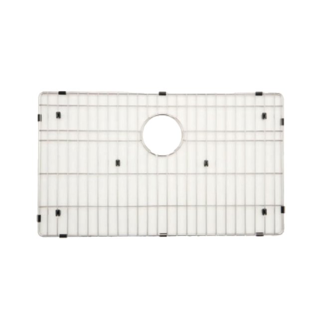 American Imaginations 21-in. W Kitchen Sink Grid AI-34651, a chrome stainless steel rectangular grid with a central circular cutout and black rubber feet, designed for drop-in kitchen sink protection and organization, also suitable for drying delicate cookware.