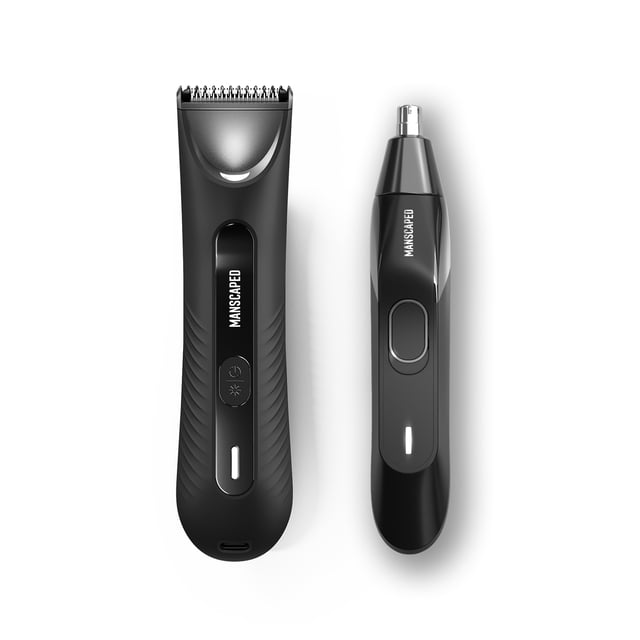MANSCAPED® The Perfect Duo 3.0 PLUS includes The Lawn Mower® 3.0 PLUS men's groin and body hair trimmer and The Weed Whacker® 2.0 nose and ear hair trimmer. Both devices feature a sleek black design with ergonomic grips, visible branding, and intuitive controls. The Lawn Mower® 3.0 PLUS offers SkinSafe™ technology for reduced nicks and cuts, adjustable comb attachments, and suitability for wet and dry grooming. The Weed Whacker® 2.0 features a 360° rotary dual-blade system for precise trimming of nose and ear hair. Perfect for comprehensive grooming needs.