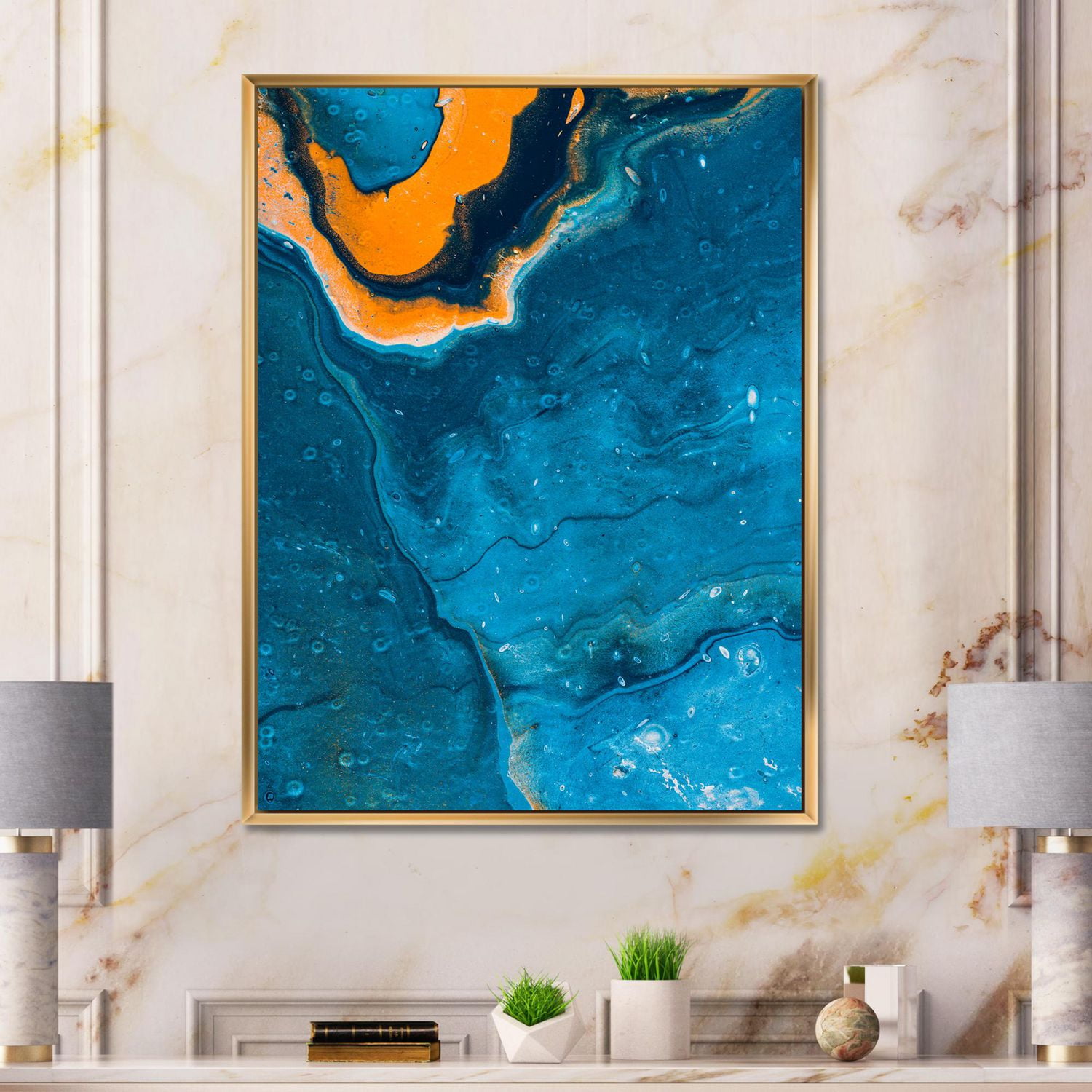 Designart Composition Abstraite En Marbre En Bleu Et Orange III ART MURAL À CADRE FLOTTÉ