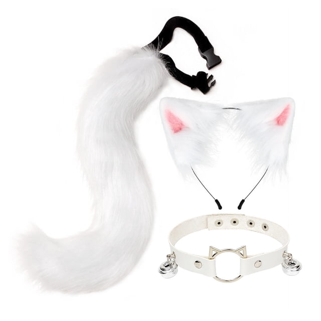 Ensemble 3x Oreilles et Queue en Peluche Couvre-Chef Col Ras-du-Cou Ensemble Blanc