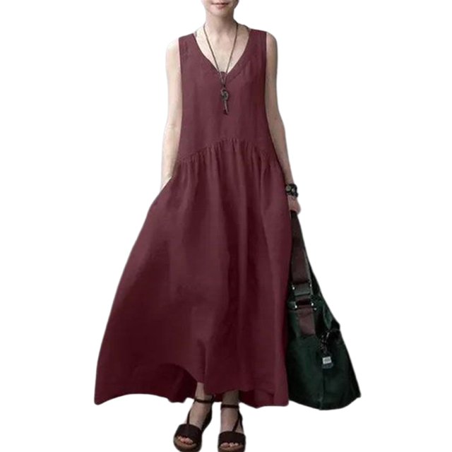Bellella Robe Longue Débardeur pour Femme Sans Manches d'Été Plage Robe Soleil Couleur Unie Maxi Caftan Col en V Femme Rouge Vin 4TG