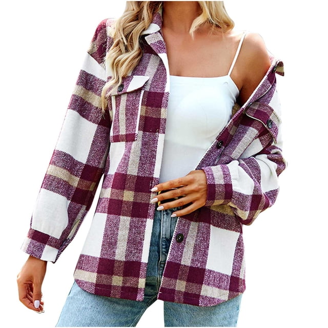 Yuyuzo Plaid Flannel Shirts for Women Oversized Long Sleeve Shacket Jacket Button down Blouse Tops