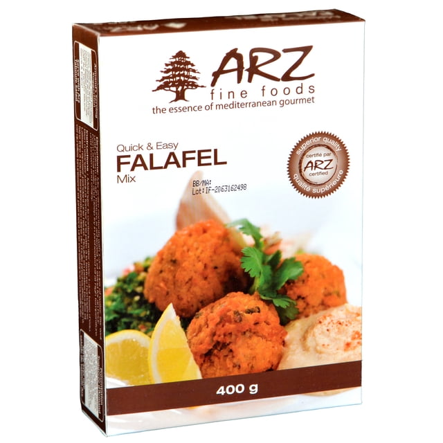 Arz Falafel Mix 400g box with a front-facing view showing golden falafel balls garnished with parsley, lemon wedges, and hummus. This quick and easy mix offers authentic Lebanese falafel, ideal for pantry baking ingredients and Mediterranean cuisine.