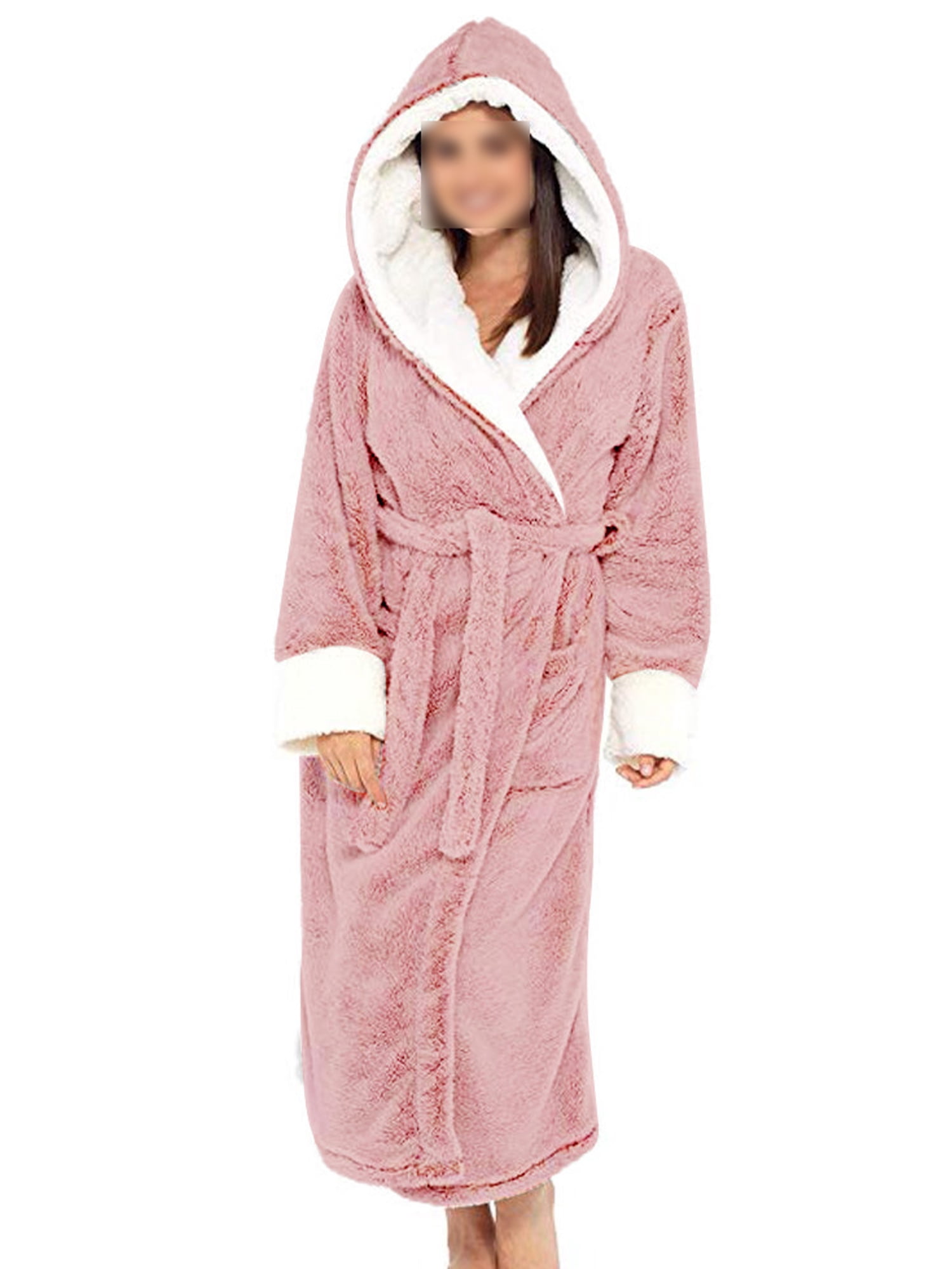 Avamo Ladies Sherpa Robes Solid Color Sleepwear Hooded Fuzzy Plush Bathrobe Plain Fleece Robe Sleeping Dressing Gown Pink 3XL