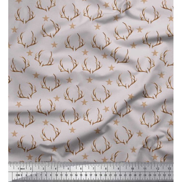 Soimoi Gray Poly Georgette Fabric Antler & Star Printed Fabric 1 Yard 42 Inch Wide