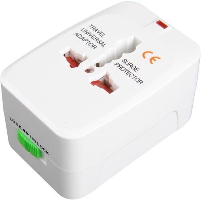 axGear US EU AU UK To Universal World Travel AC Power Socket Plug Adapter Convertor with a compact white design, labeled slots for surge protection and universal adapter functionality, and a green lock/unlock switch. Compatible with 110-250V wall plugs, suitable for over 150 countries including EU, UK, US, and Australia. Includes a power indicator light and travel pouch for storage.