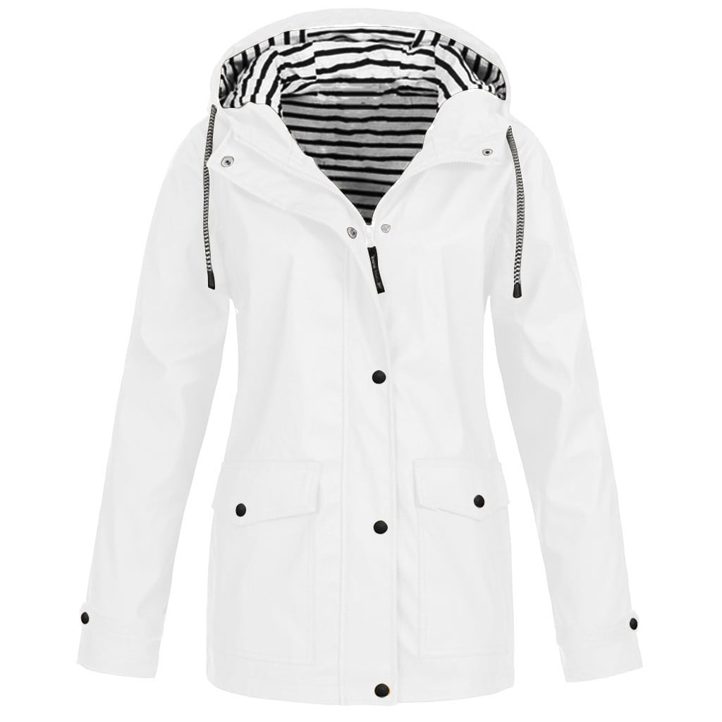 Jackets for Women Solid Rain Jacket Outdoor Plus Size Hooded Raincoat Windproof Workout Jacket on Clearance