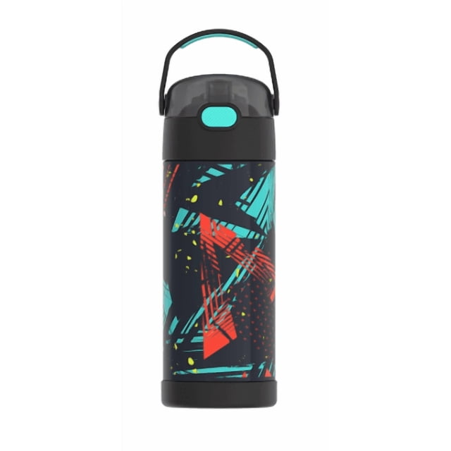 Thermos FUNtainer 14oz Kids Stainless Steel Insulated Bottle with Abstract Geometric Design, Black. The bottle features a sleek black base with vibrant red, teal, and yellow geometric patterns. It includes a push-button lid with a hygienic pop-up straw and an integrated carry handle. Made of durable stainless steel with double-wall vacuum insulation, it keeps beverages cold for up to 12 hours. Ideal for school, sports, and travel.