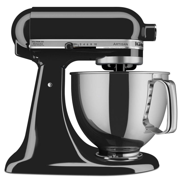 KitchenAid® Artisan® Series 5-Quart Tilt-Head Stand Mixer in glossy black with a 5-quart stainless steel bowl featuring a handle, tilt-head design for easy ingredient addition, and a 10-speed control lever, shown in side profile on a white background.