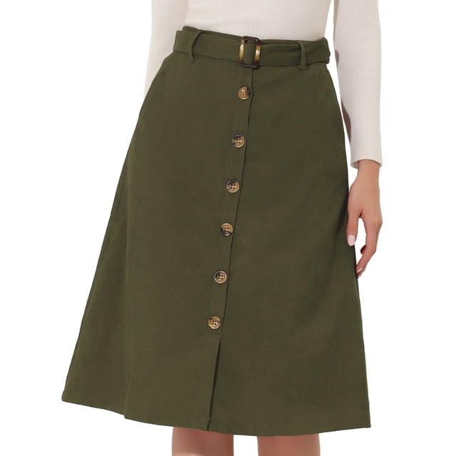 Unique Bargains Women's A-Line Button Front Belted Corduroy Midi Skirt, Green, L