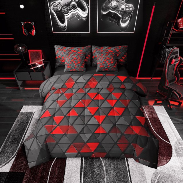 Erosebridal Black Red Triangle Bedding Queen Size,Geometric Stereoscopic Bedding Sets Queen Size,Gradient Bedroom Decor,Reversible,Lightweight,7 Pieces