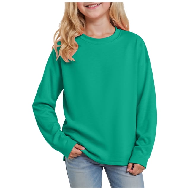 Splozh Fall Blouse Girls Long Sleeved Tops Comfortable Soft Breathable Fashionable Solid Color Girls Tops Green,14-15 Years