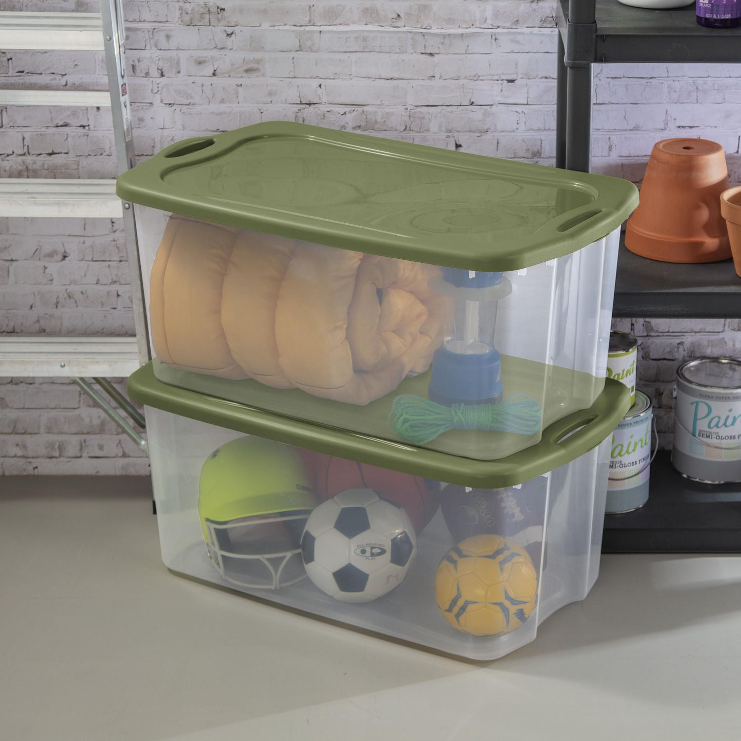 Sterilite 114 Liter EZ Carry, Extra Large Clear Plastic Storage Bin with Full-Grip Handles and Green Lid