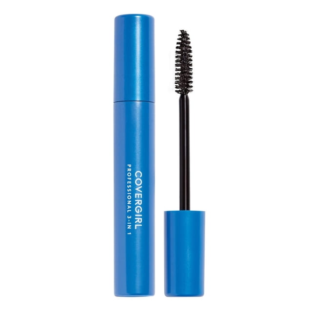 COVERGIRL Professional 3-in-1 Mascara in a blue tube with white text, shown open with a curved black brush applicator for volumizing, lengthening, and defining lashes naturally, suitable for sensitive eyes and contact lens wearers, 100% cruelty-free.
