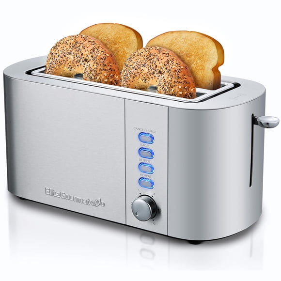 Elite Gourmet ECT4123X Long Slot 4 Slice Toaster, Extra Wide 1.5" and 5.1" Deep Slots, Bagel, Defrost & Cancel Functions, 6 Toast Shade Settings, Fits Bagels, Waffles, Artisa