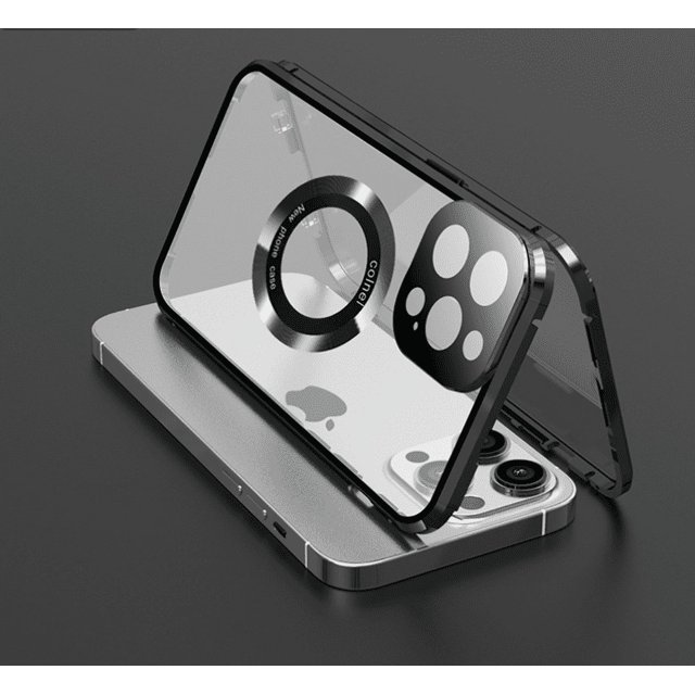 Phone Case for iPhone 14 15 Plus Pro Max Magsafe Double Sided Explosion-Proof Phone Case by MODERN GOOSE. The case features a transparent double-sided design with a durable frame, showcasing compatibility with MagSafe technology. It is designed to protect against scratches and drops, with precise cutouts for the camera and ports. Displayed on a black surface with the case partially open, revealing its sleek and protective structure.