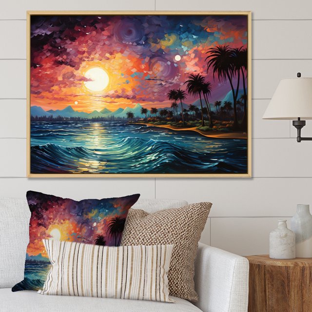 Designart Large Palms & Palm Trees framed wall Art, Colorful Bold Palm Trees horizon I , Palms & Palm Trees framed wall art decor, Multi-Color Traditional Natural framed wall art