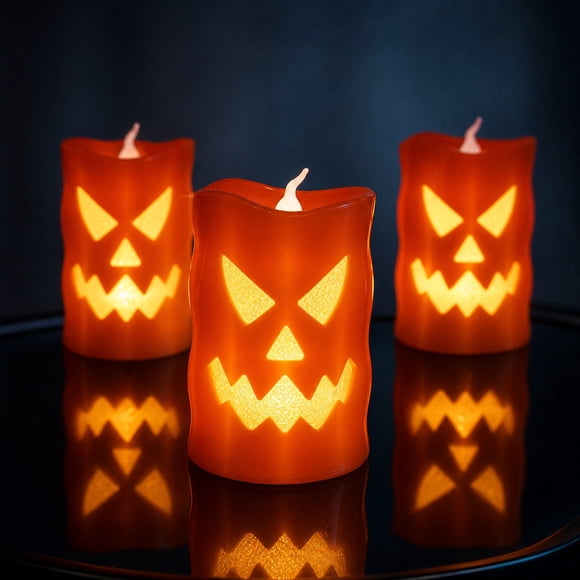EGNMCR Halloween LED Flameless Candle Lights Spooky Skull -O- Battery Operated Candles With Glitter Light Up Halloween Themed Candles For Indoor Party prop setup