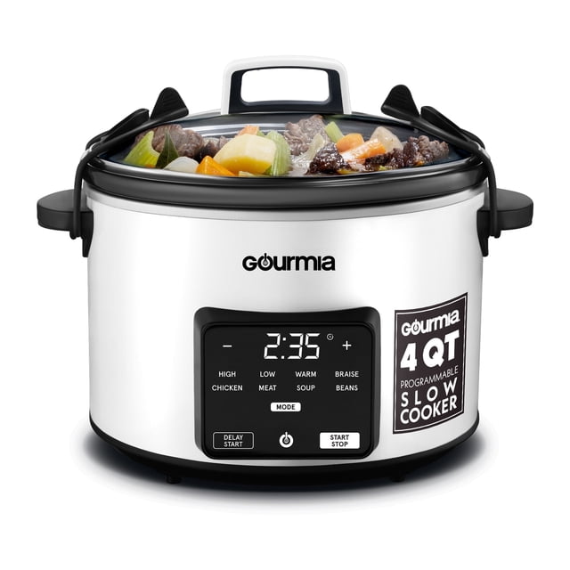 Gourmia 4.5 QT Programmable Slow Cooker in white with a digital display and five one-touch presets for braise, chicken, meat, soup, and beans. Features a 4.5-quart capacity, spill-resistant locking lid, and removable stoneware pot. Compact design measuring 13.58 x 11.02 x 9.84 inches, ideal for small households or meal prep.