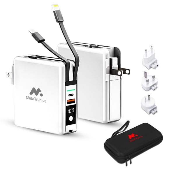 Banque d'Alimentation Portable et Chargeur de Voyage avec Batterie de 10 000 mAh, Chargement Sans Fil et Câbles de Chargement Intégrés
