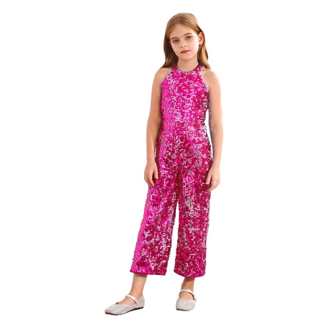 Moggemol Combinaison à Sequins pour Fille, Combinaison de Princesse, Pantalon Long, Robe de Cocktail, Rose Vif 12