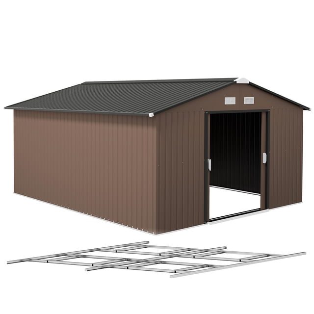 Outsunny 11' x 13' metal garden storage shed with steel foundation kit, constructed from brown galvanized steel. Designed for outdoor storage, it features double sliding doors, four air vents for airflow, and a sloped roof to prevent water pooling. Includes a steel foundation kit for stability.