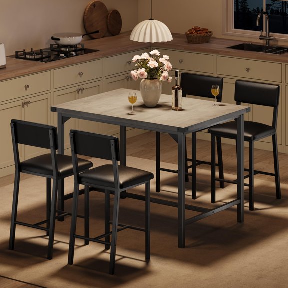 GloryStar Ensemble de Table à Manger pour 4 avec Table de Comptoir et 4 Tabourets de Bar Rembourrés, Ensemble de Table de Cuisine 5 Pcs avec Repose-Pieds et Protège-Coins, pour Cuisine, Appartement