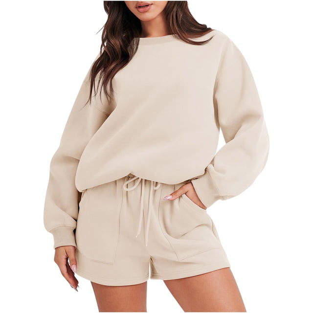 IROINNID Survêtement pour Femmes Ensemble 2 Pcs Rabais Blouse à Col Rond Hauts à Manches Longues Chandail Shorts Ensemble Décontracté Ensemble de Jogging, Kaki