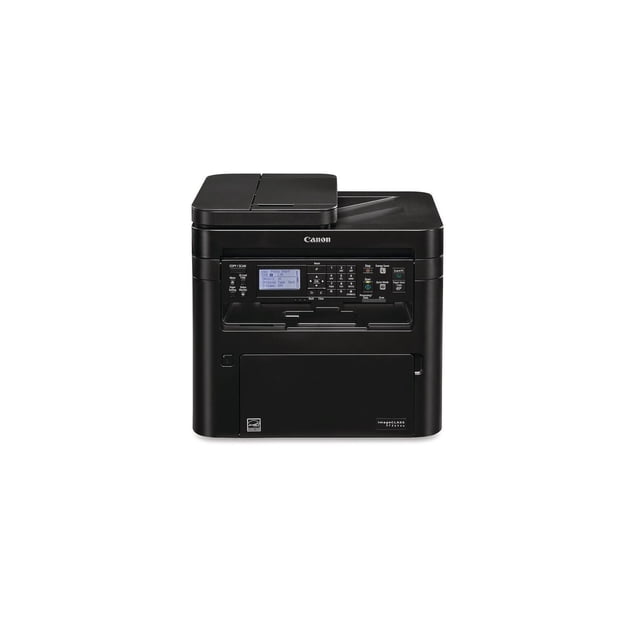 Canon imageClass MF264dw Multifunction Laser Printer with a compact black design, featuring a five-line LCD panel for intuitive operation. Designed for small and medium-sized businesses, it supports mobile printing and scanning, Wi-Fi Direct hotspot, and two-sided printing. The printer is energy-efficient with low power consumption and includes security features like short-term memory storage and administrator log-in settings.