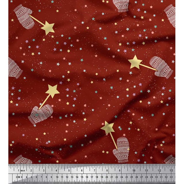 Soimoi Red Rayon Fabric Musical Symbol & Star Printed Fabric 1 Yard 56 Inch Wide